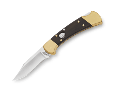 Buck BU-0112BRSA 112 Auto automatický kapesní nůž 7,6 cm, ebenové dřevo, mosaz, kožené pouzdro