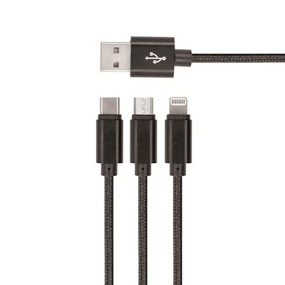 SETTY nylonový USB kabel 3v1 microUSB, Lightning, Type-C 1m (GSM043225) černá