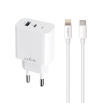 OEM0101314 Maxlife MXTC-06-20AC PD QC töltő 1x USB-C 1x USB 20W fehér + USB-C - Lightning kábel 20