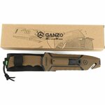 Ganzo Knife G8012V2-DY kültéri kés 11,3 cm, fekete-barna, ABS, gumi, műanyag tok, kovakő