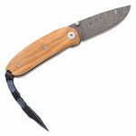 LionSteel 8210D UL Mini Olive malý kapesní nůž 6 cm, damašek, olivové dřevo, kožené pouzdro