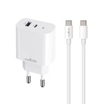 OEM0101315 Maxlife MXTC-06-30AC PD QC töltő 1x USB-C 1x USB 30W fehér + USB-C - USB-C kábel 60W